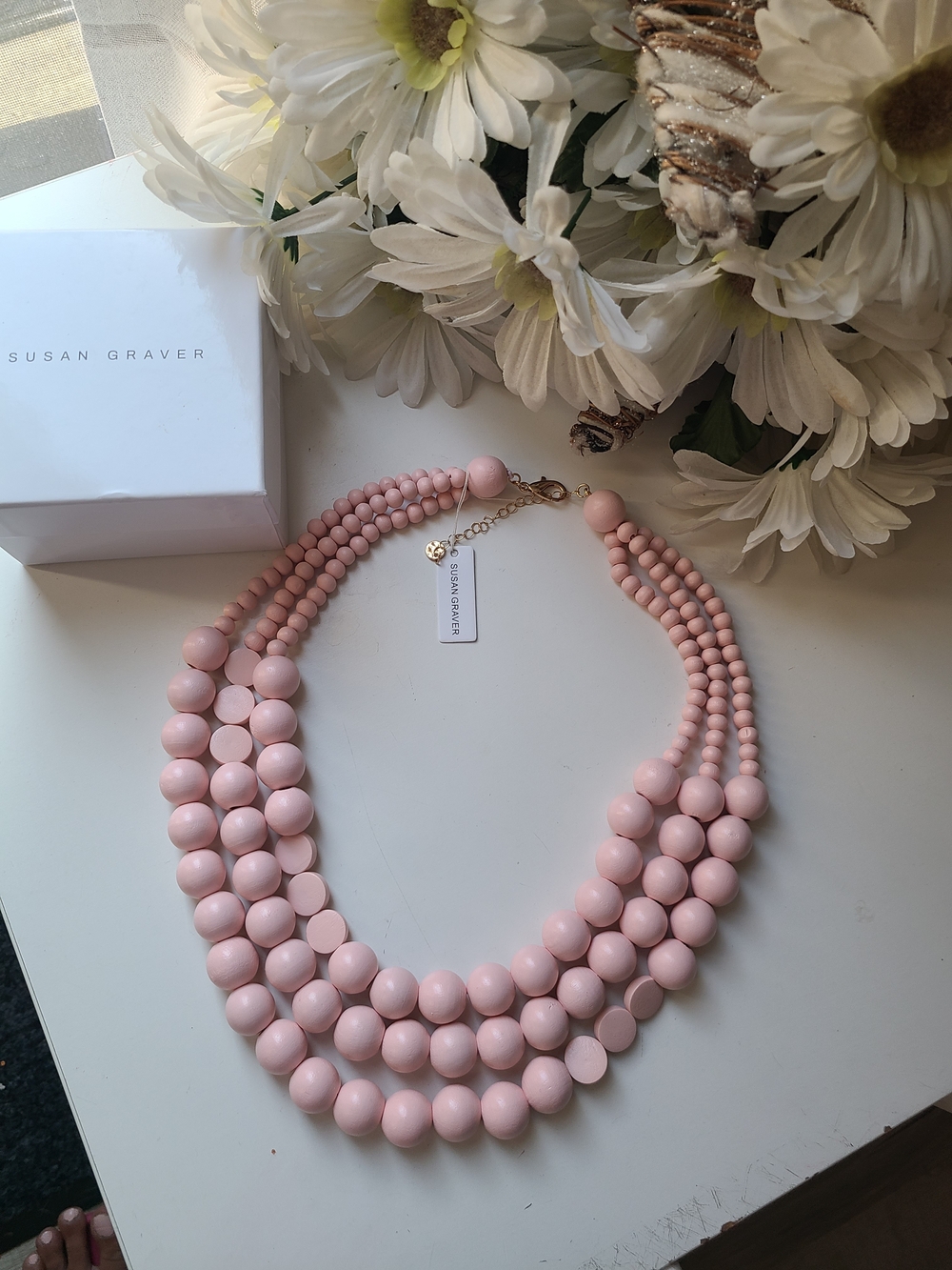 New Susan Graver Pastel Pink Multi-Strand Wood  Beaded Necklace